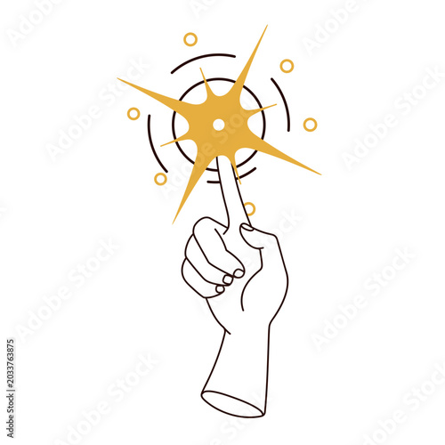 Finger touching glowing star, magic mystical light. Hand pointing at shining ...