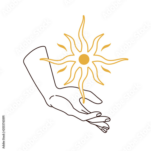 Sun light, solar energy in hand. Sunny star with glowing rays, shining beams....