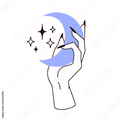 Witch hand holding crescent, moon and stars. Celestial cosmic lunar symbol, a...
