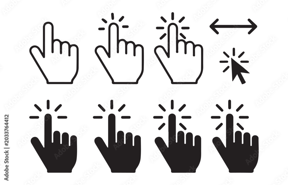 Fototapeta premium Outline and solid hand cursor icons with pointer and double arrow line black white.