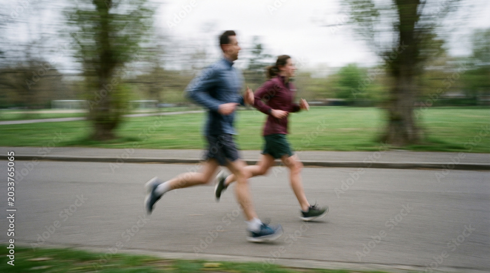 Obraz premium Blurred pair of runners training outdoors, strong motion blur concept for speed, partnership, wellness and active sports competition