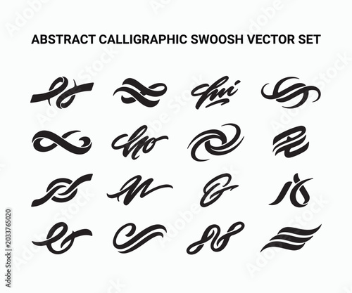 Set of black swoosh lines abstract curved elements on white background