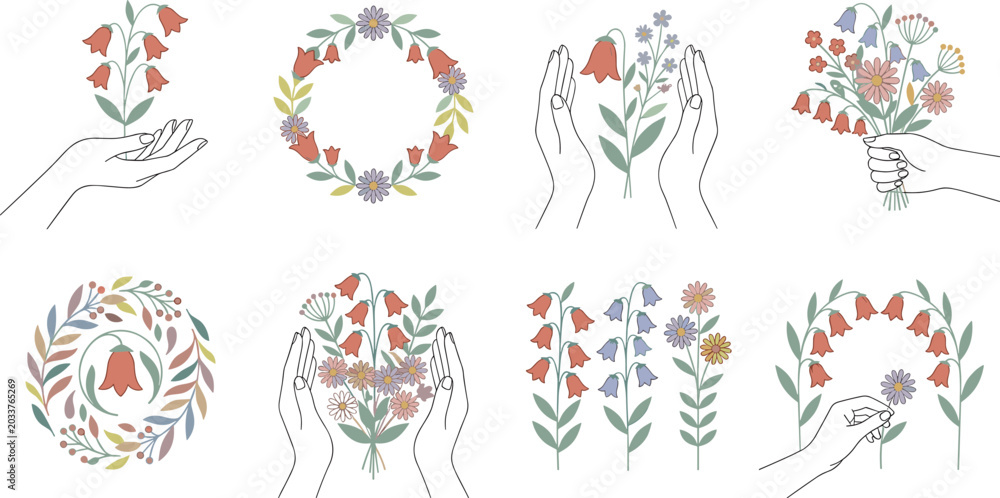 Fototapeta premium Minimal floral hand drawn botanical collection featuring pastel wildflowers, decorative wreaths, blooming bouquets, elegant line art vector illustrations