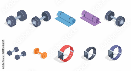 Colorful isometric fitness icons and equipment.