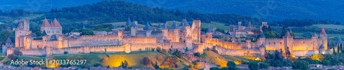 panoramique de la Cité de Carcassonne de nuit en France