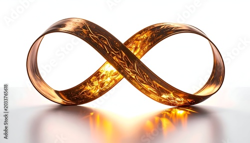 A metallic infinity symbol, gleaming gold with textured details, rests on a reflective surface