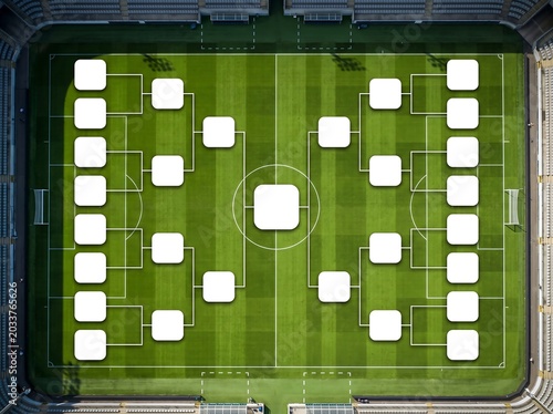 Soccer bracket template on green football field in stadium