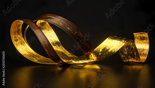 A golden, ribbon-like sculpture, with a dark inner core, against a black background
