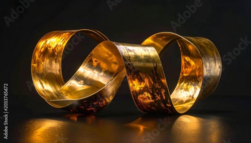 A golden, ribbon-like sculpture shaped into an infinity symbol against a dark background