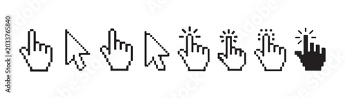 Black pixel hand and arrow cursor icon set for digital navigation and online interface selection.