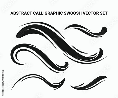 Set of black swoosh lines abstract curved elements on white background