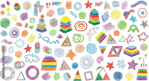 Konstfotografi Kids crayon hand drawn geometric shapes and colorful sketch doodle elements vect