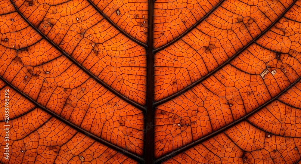 Fototapeta premium Close up of a vibrant orange leaf with intricate vein patterns showcasing autumn textures and natural details