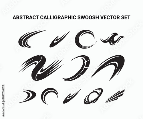 Set of black swoosh lines abstract curved elements on white background