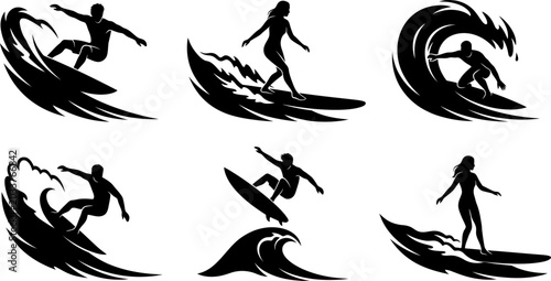 Silhouette Surfers Riding Waves Dynamic Ocean Action Vector Illustrations