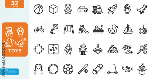Toys Vector Illustration line editable icon set. Contain icons related to children toys, teddy bear, doll, drum, ball, robot, and more. on white background.