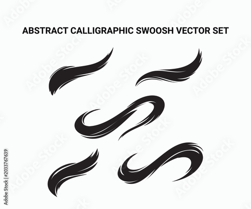 Set of black swoosh lines abstract curved elements on white background
