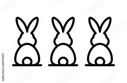 Three cute cartoon bunny rear view icons with line art, lagomorph