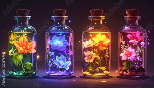Four apothecary bottles filled with glowing flowers, corked, against a dark background