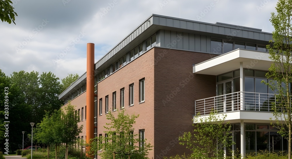 Fototapeta premium Modern brick office building exterior with metal roof and balcony architectural design in a business park setting