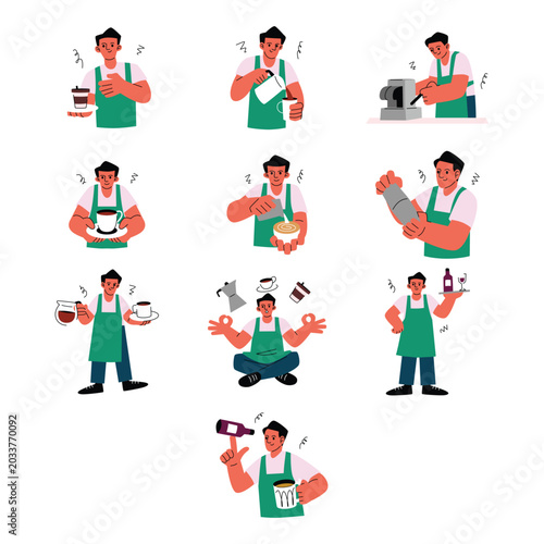 Modern Barista Coffee Character Illustration Set