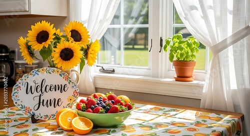 Welcome home summer garden party table decoration with sunflowers.