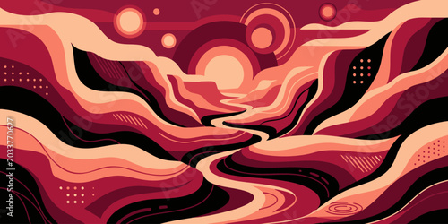 Foto Vibrant abstract illustration depicts a stylized landscape with wavy lines and sunset colors