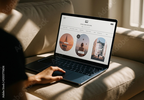 Browsing Travel Website On Laptop Mockup PSD