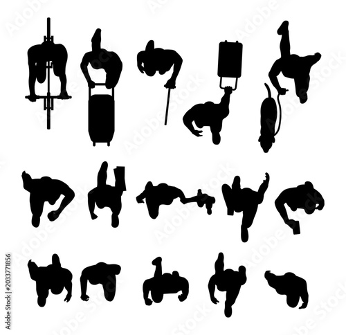 set of diversity people walking top view in city silhouette for architectural presentation. black shadow plan vector illustration.