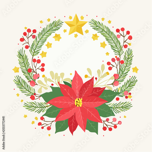 Christmas Wreath with Poinsettia and Berries