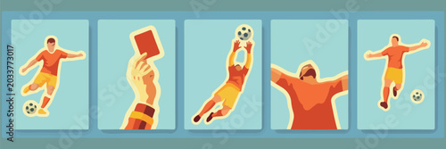 Bild auf Leinwand retro flat illustration football soccer player set with referee red card goalkee