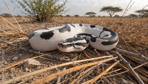 Panda Pied ball python morph coiled on the ground in a natural savanna habitat