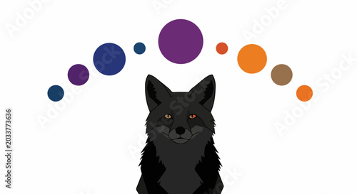 A stylized black fox with striking eyes sits beneath a whimsical arc of colorful circles