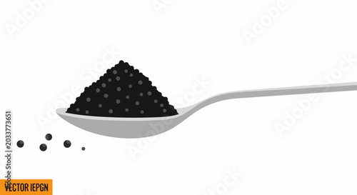 A spoon holds a pile of small, dark, round particles on a white background