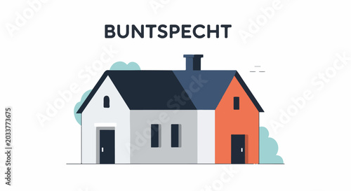 A simple illustration of a house with a chimney and blue-green bushes