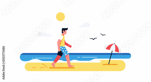 A person walks on a beach with an umbrella and birds in the sky