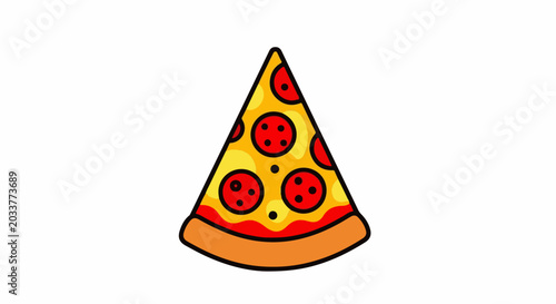A simple cartoon slice of pepperoni pizza on a white background