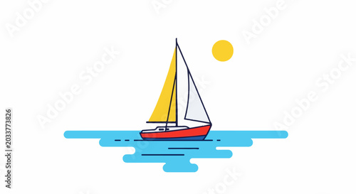 A colorful sailboat glides across blue water under a bright yellow sun
