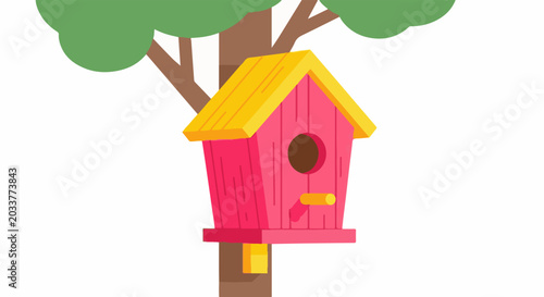 A colorful birdhouse hangs from a tree branch in this flat illustration