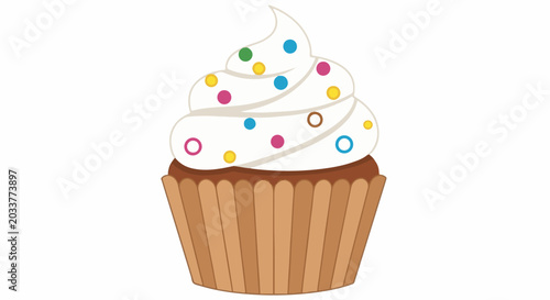 A cheerful frosted cupcake with colorful sprinkles and a fluted wrapper