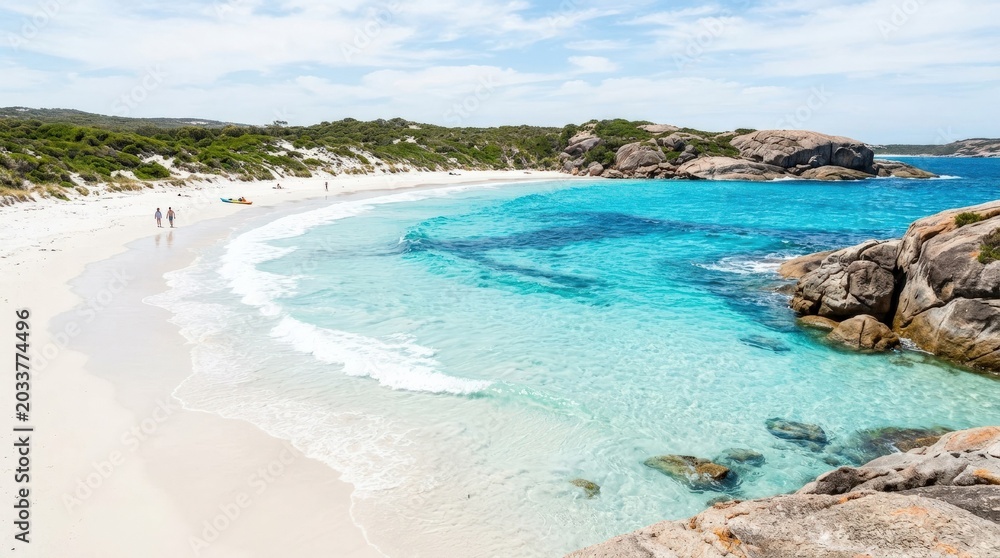 Fototapeta premium Turquoise colors of summer at Twilight Cove Esperance, coastal paradise, beach travel, clear water and destination concept for tourism campaigns and editorial storytelling, vivid ocean tones with