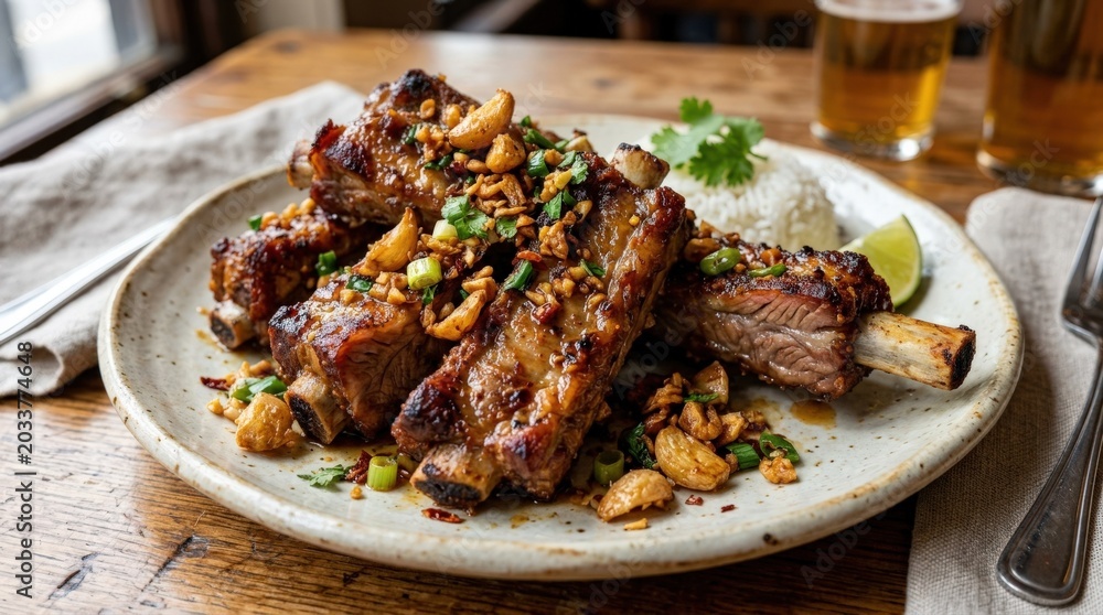 Fototapeta premium Closeup of garlic fried pork ribs on a plate, rich comfort food concept for restaurant menus, delivery, pub meals and savory home cooking, crisp texture with golden garlic and appetizing meat detail,