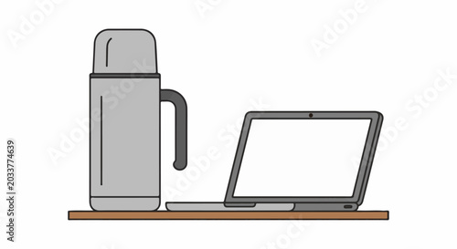 A grey thermos and an open laptop sit on a wooden shelf