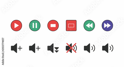 A collection of multimedia playback and volume control icons on a white background