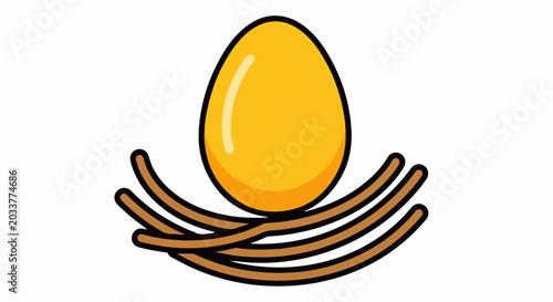 A golden egg rests securely in a woven nest of brown twigs