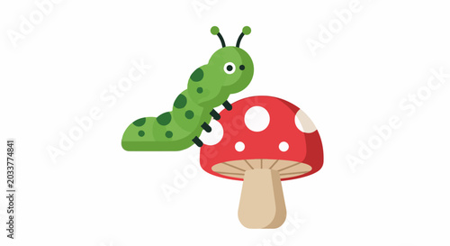 A cartoon caterpillar with green body and black spots sits on a red mushroom