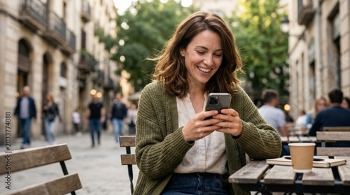 Woman using smartphone outdoors, commercial lifestyle scene with authentic expression, strong stock photo appeal, clear context and marketable details, soft natural light, realistic textures, refined