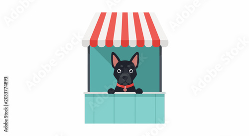 A black dog with a red collar peeks out from a striped stall