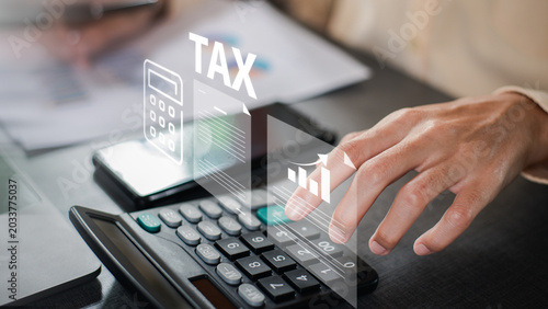 Quadro su tela Modern tax calculation concept featuring digital accounting, financial management, business analytics and online tax reporting to support accurate financial planning and corporate compliance