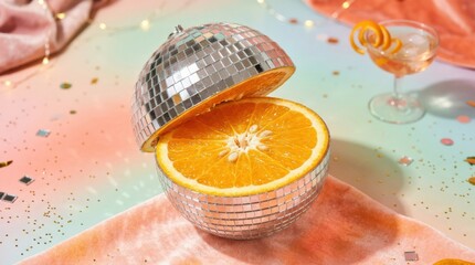 Sliced disco ball revealing a bright orange center on pastel background, lively party glamour fused with citrus energy for creative branding, music campaigns, nightlife visuals and bold editorial